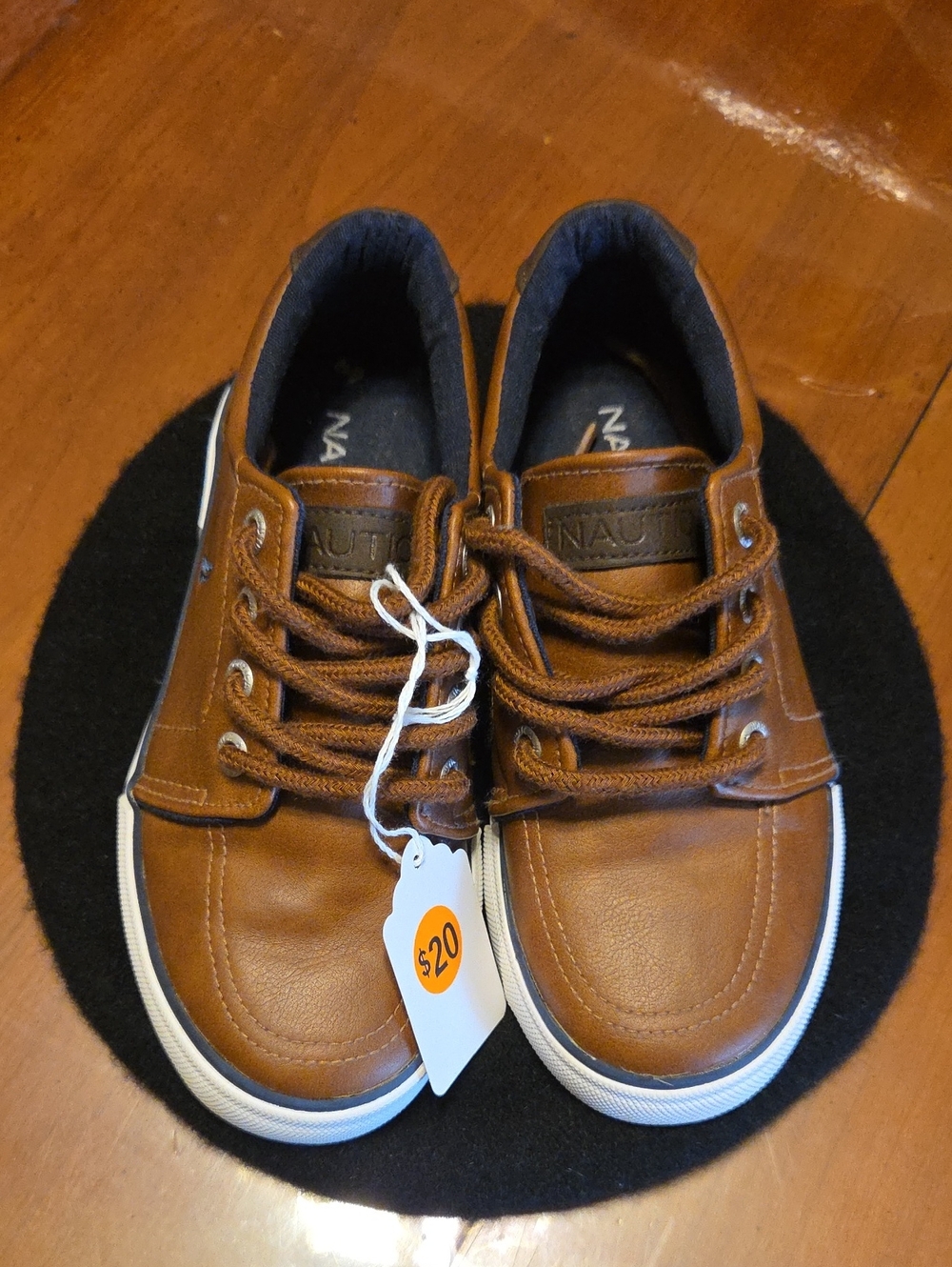 Nautica Boys Brown Tan Leather-Style Lace-Up Boat Sneakers